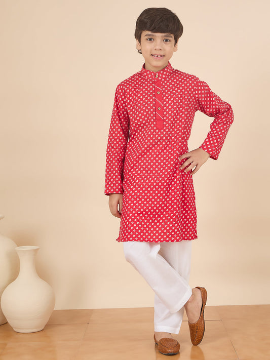 Boys Full Length All over Print Kurta Set - Red