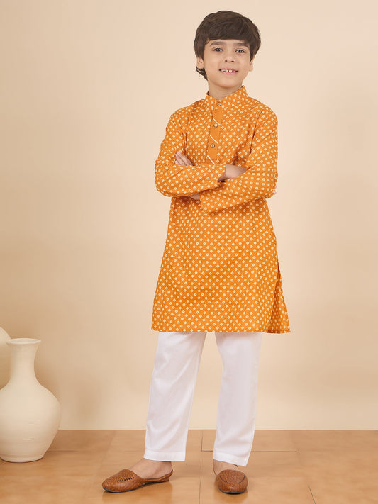 Boys Full Length All over Print Kurta Set - Yellow