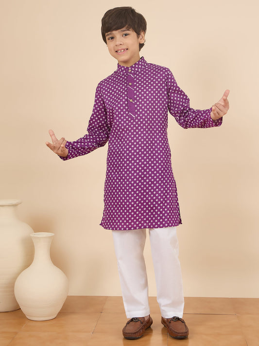 Boys Full Length All over Print Kurta Set - Purple
