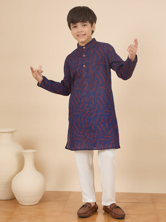 Boys Full Length All over Print Kurta Set - Navy Blue