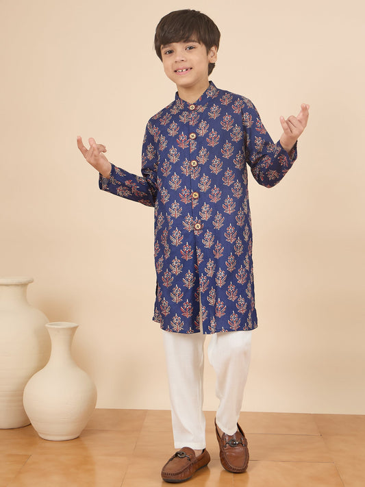 Boys Full Length All over Print Kurta Set - Navy Blue