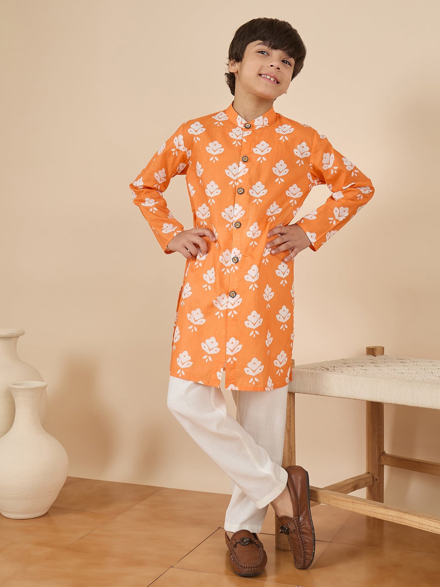 Boys Full Length All over Print Kurta Set - Orange