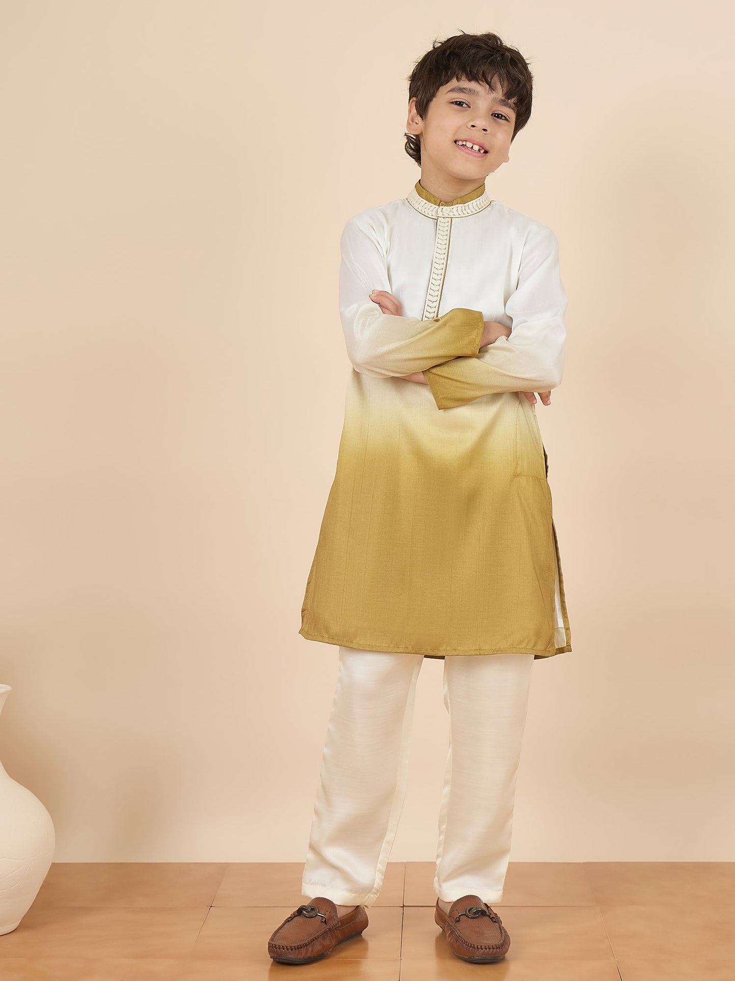 Boys Full Length Solid Kurta Set - Off-White