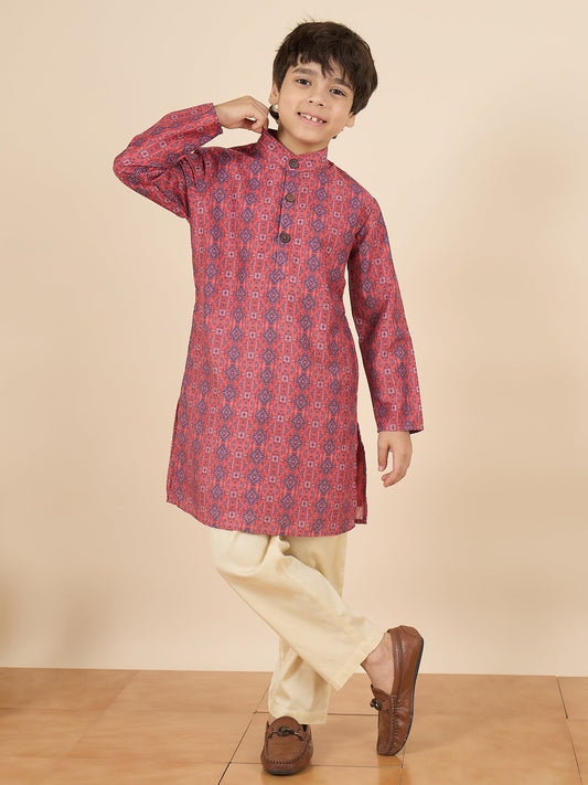 Boys Full Length All over Print Kurta Set - Maroon