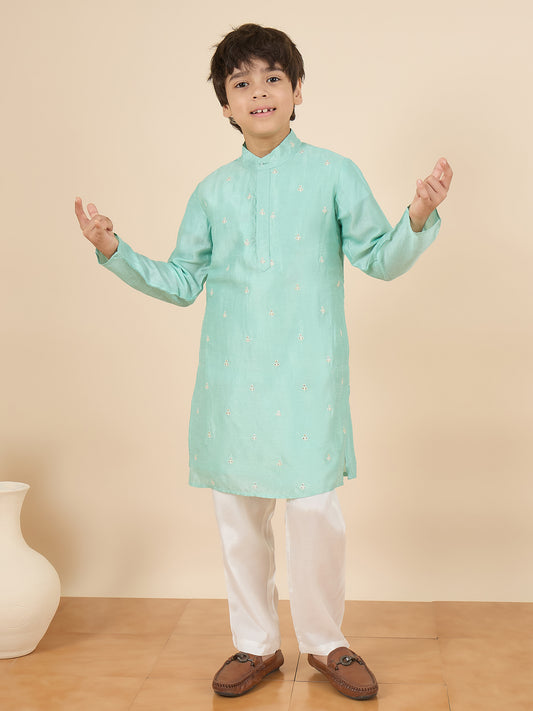 Boys Above Knee Embroidery Kurta Set - Green