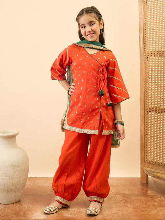 Girls Mid Thigh Embroidery Kurti Set - Orange