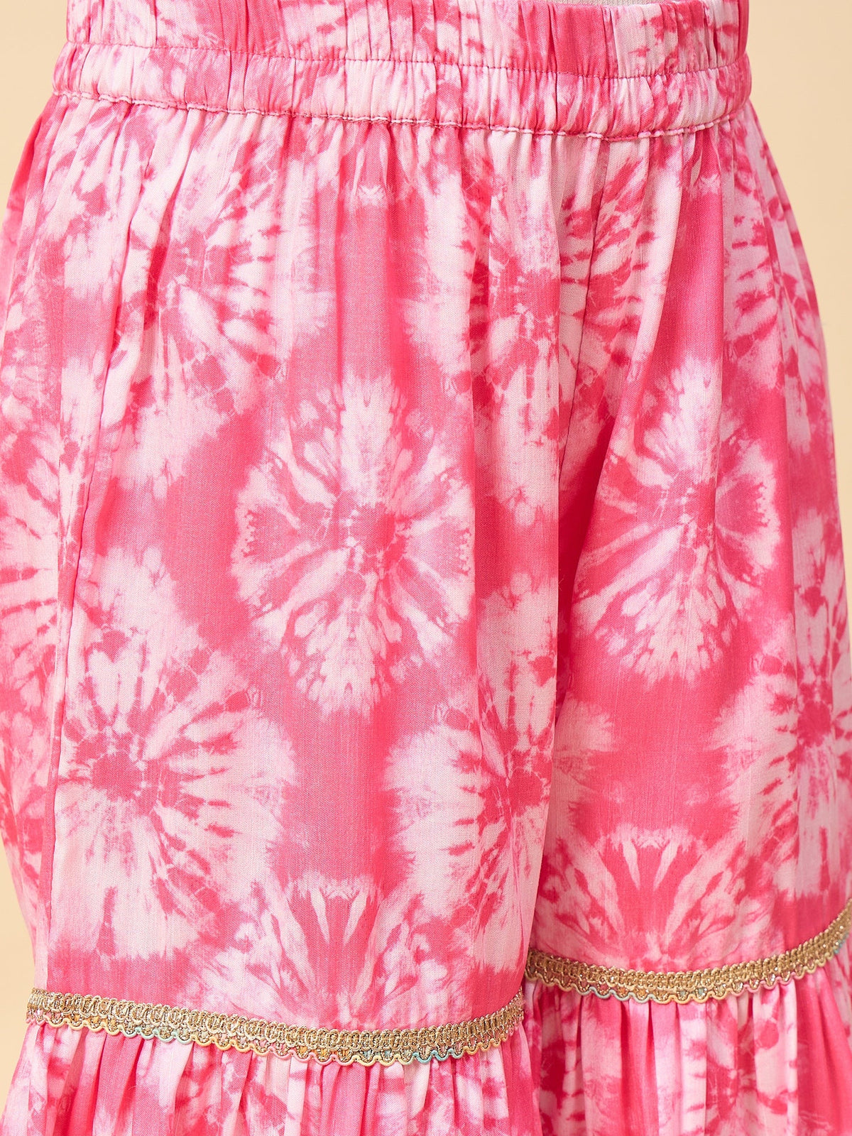 Girls Mid Thigh All over Print Kurti Set - Pink