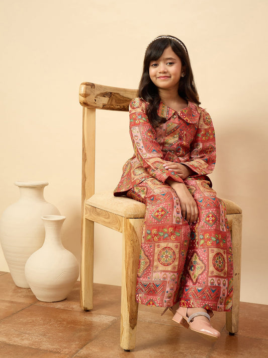 Girls Hip Length All over Print Kurti Set - Red