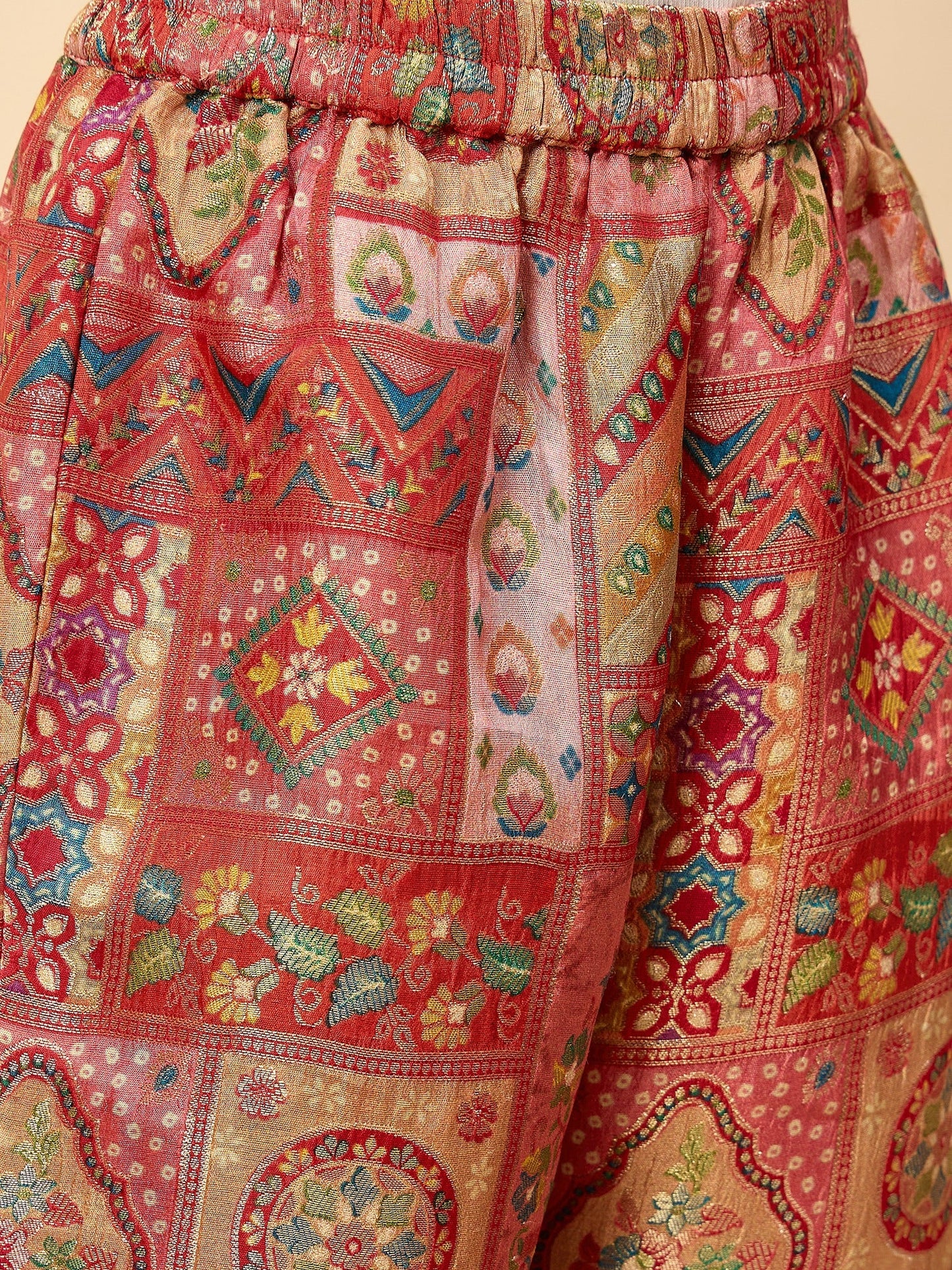 Girls Hip Length All over Print Kurti Set - Red