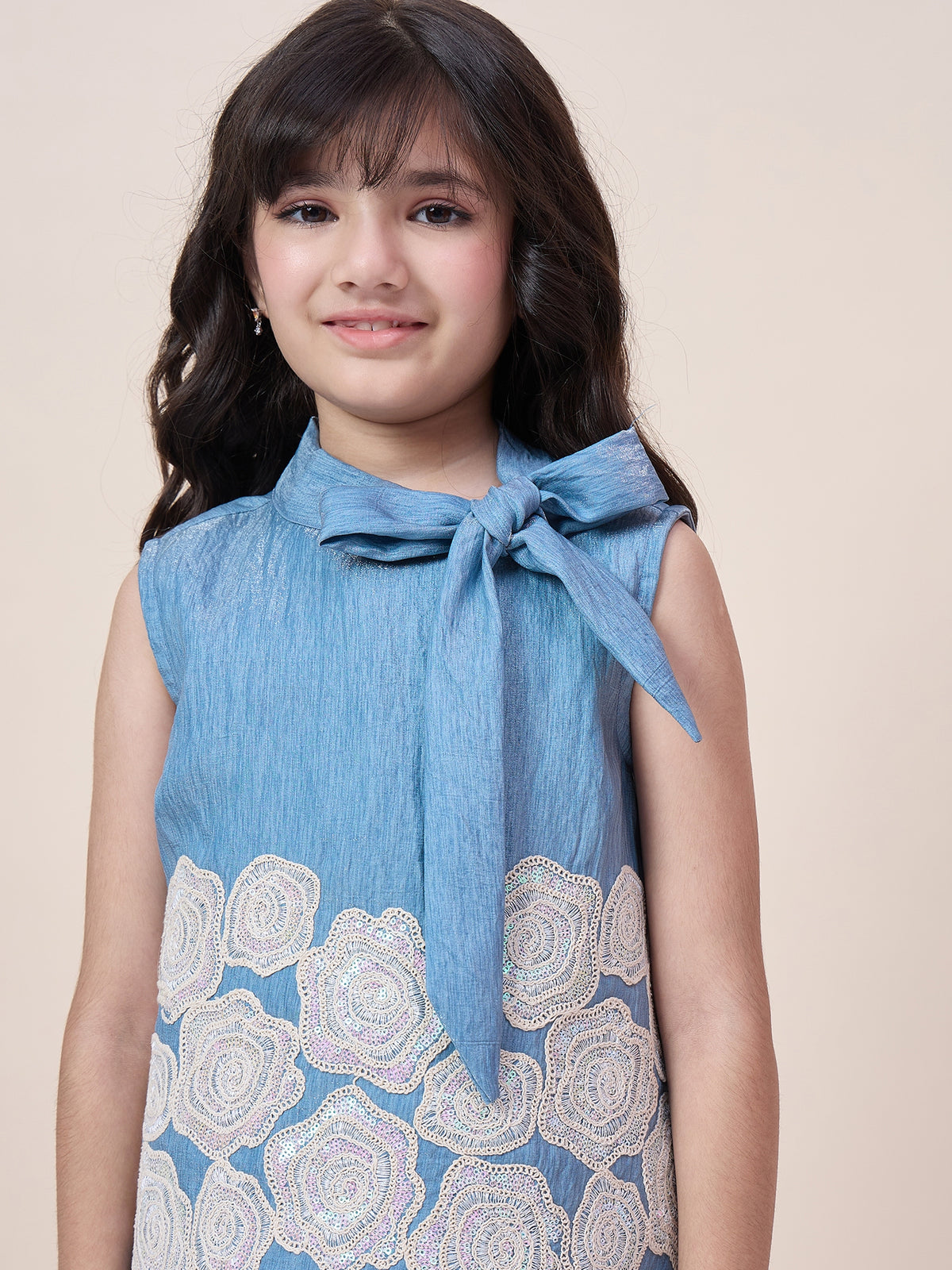 Girls Hip Length Embroidery Top With Pants - Blue