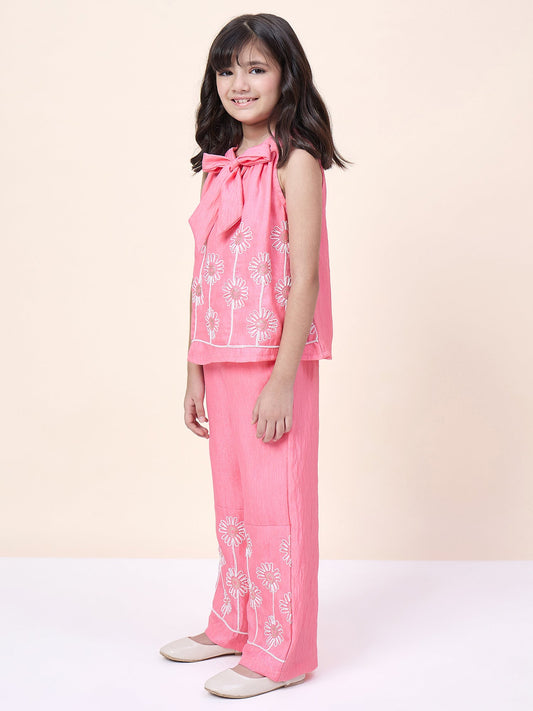 Girls Hip Length Embroidery Top With Pants - Pink
