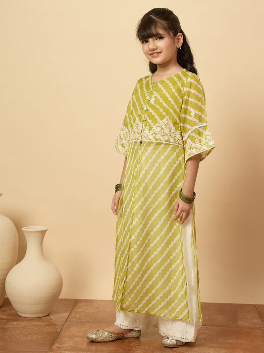Girls Calf Length Embroidery Kurti Set - Green