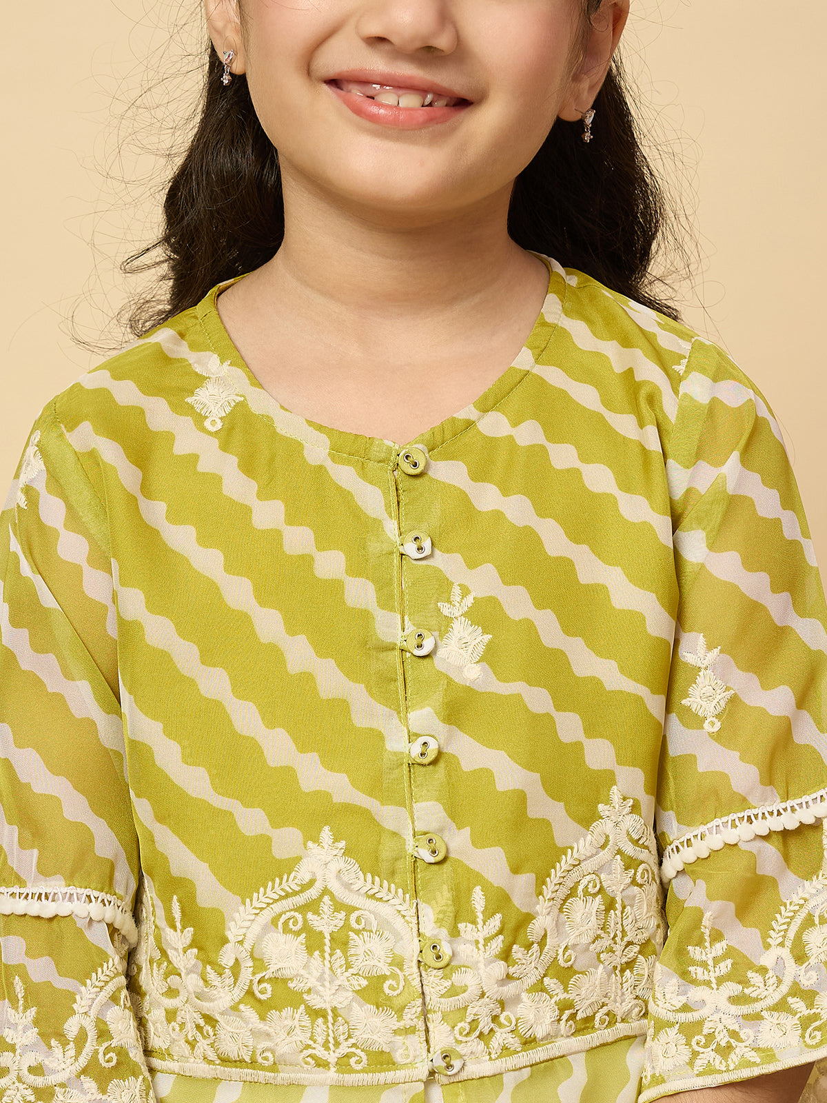 Girls Calf Length Embroidery Kurti Set - Green