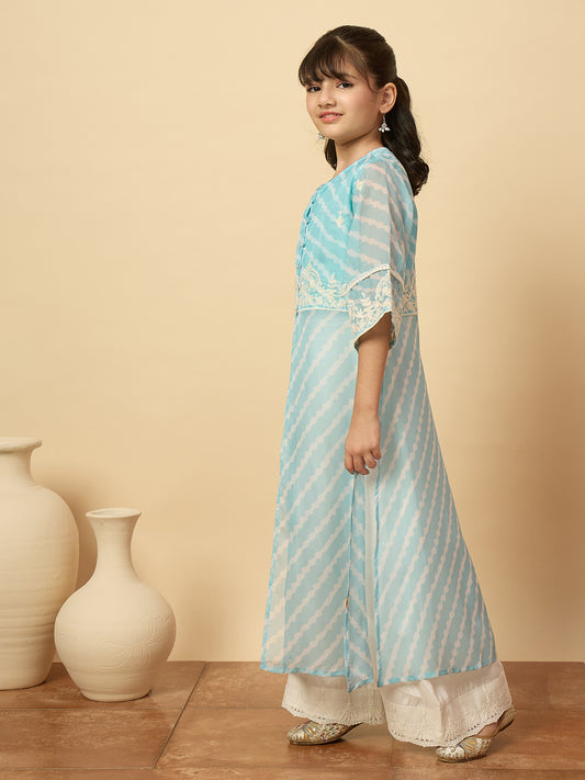 Girls Calf Length Embroidery Kurti Set - Blue