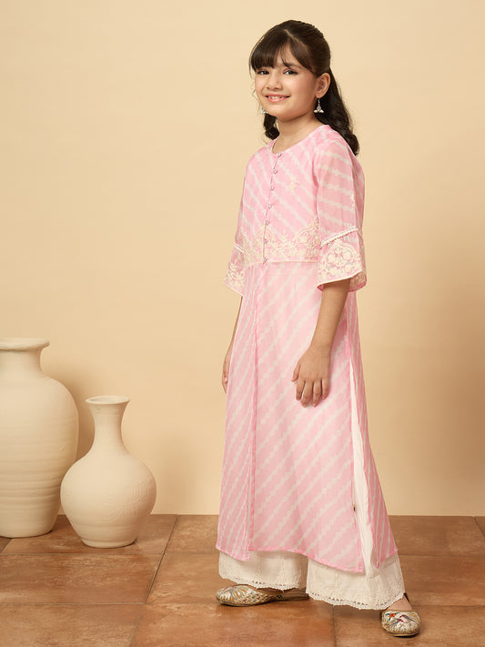 Girls Calf Length Embroidery Kurti Set - Pink