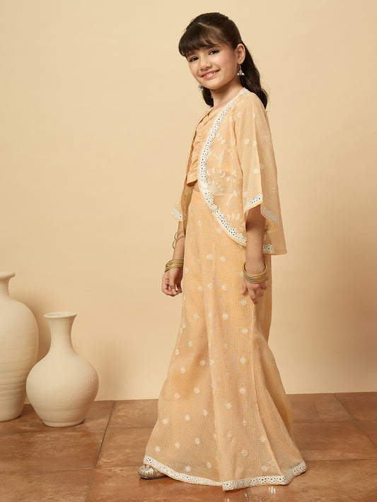 Girls Embroidery Top With Pants - Peach