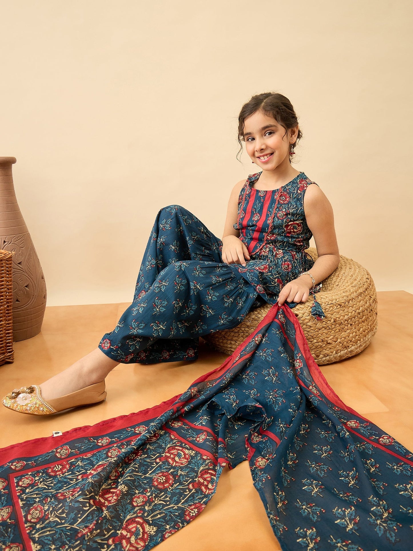 Girls Above Knee Printed Kurti Set - Blue
