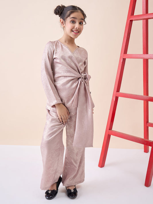 Girls Ankle Length Solid Top With Pants - Pink