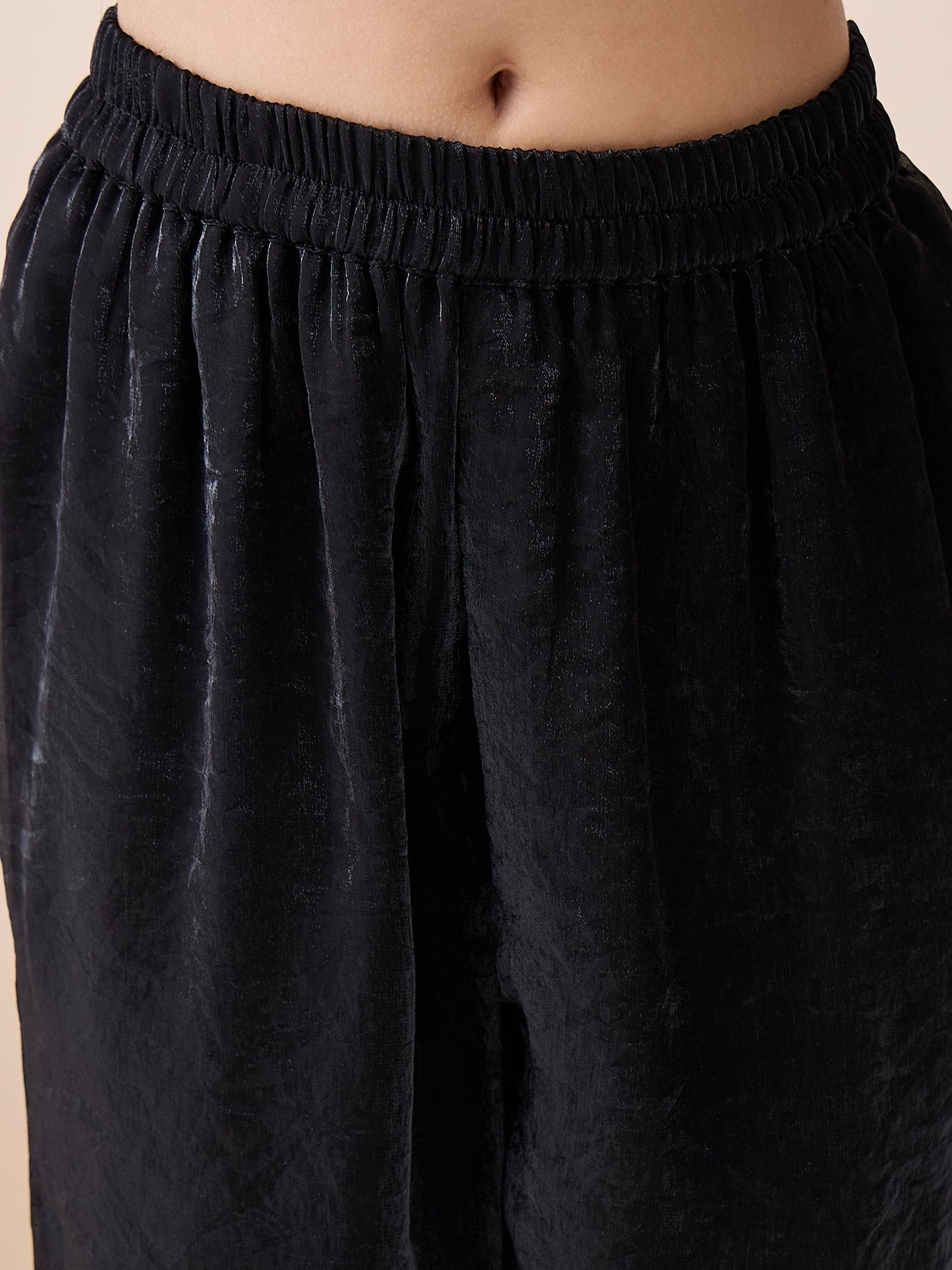 Girls Hip Length Solid Top With Pants - Black