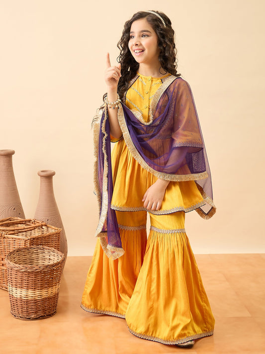 Girls Mid Thigh Embroidery Kurti Set - Yellow