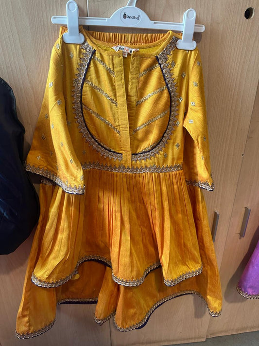 Girls Mid Thigh Embroidery Kurti Set - Yellow