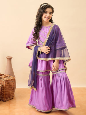 Girls Embroidery Kurti Set - Lavender