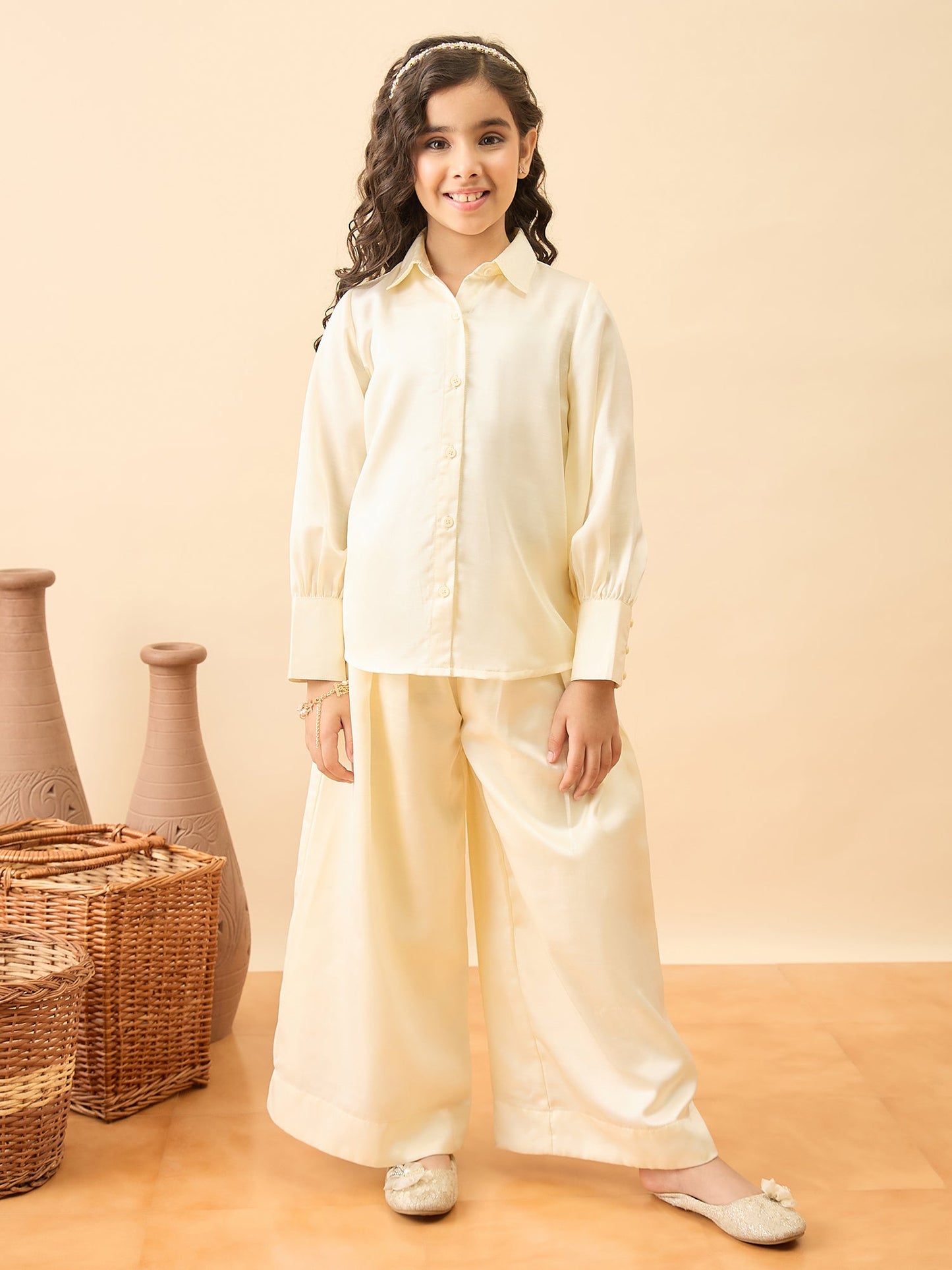 Girls Hip Length Printed Top With Pants - Yellow