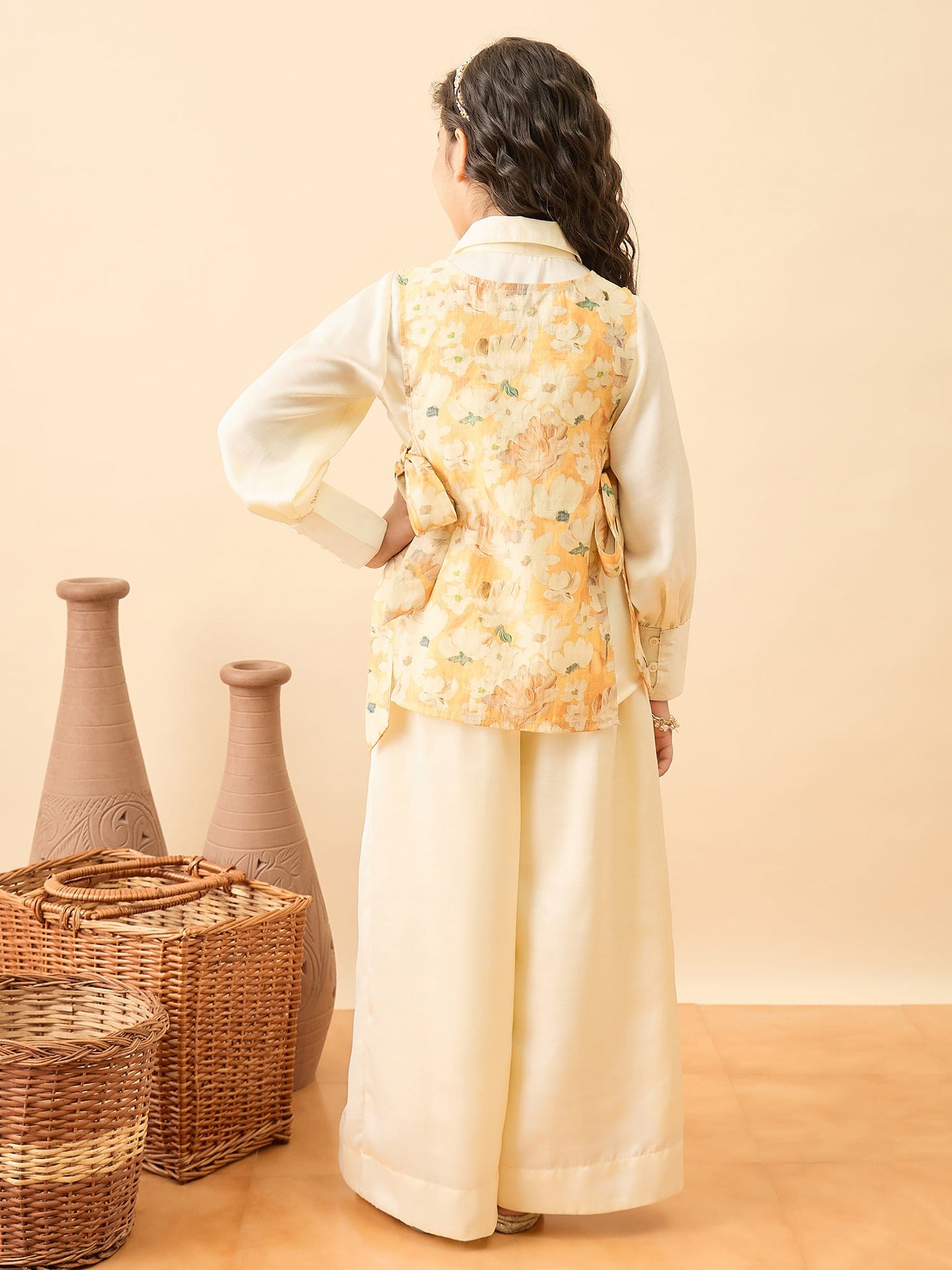 Girls Hip Length Printed Top With Pants - Yellow