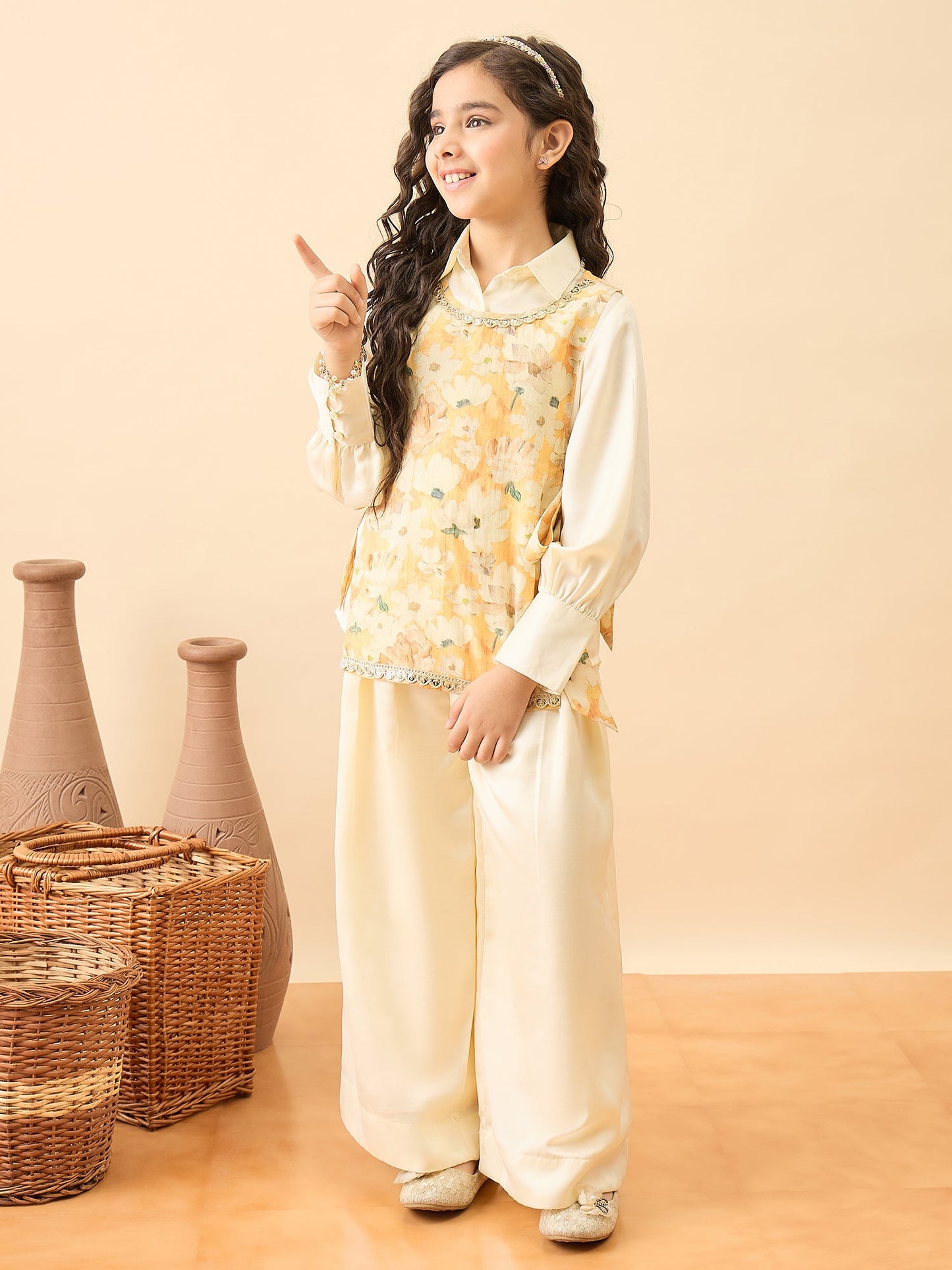 Girls Hip Length Printed Top With Pants - Yellow