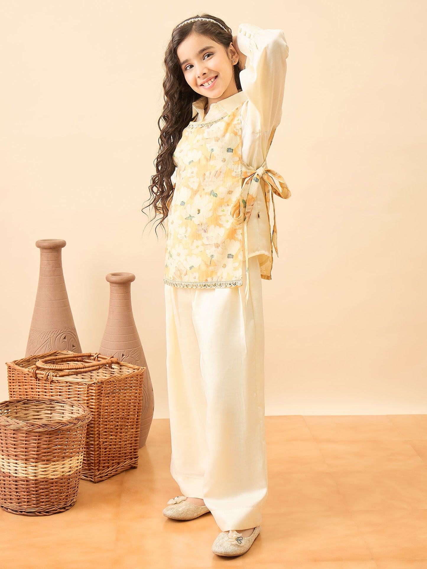 Girls Hip Length Printed Top With Pants - Yellow