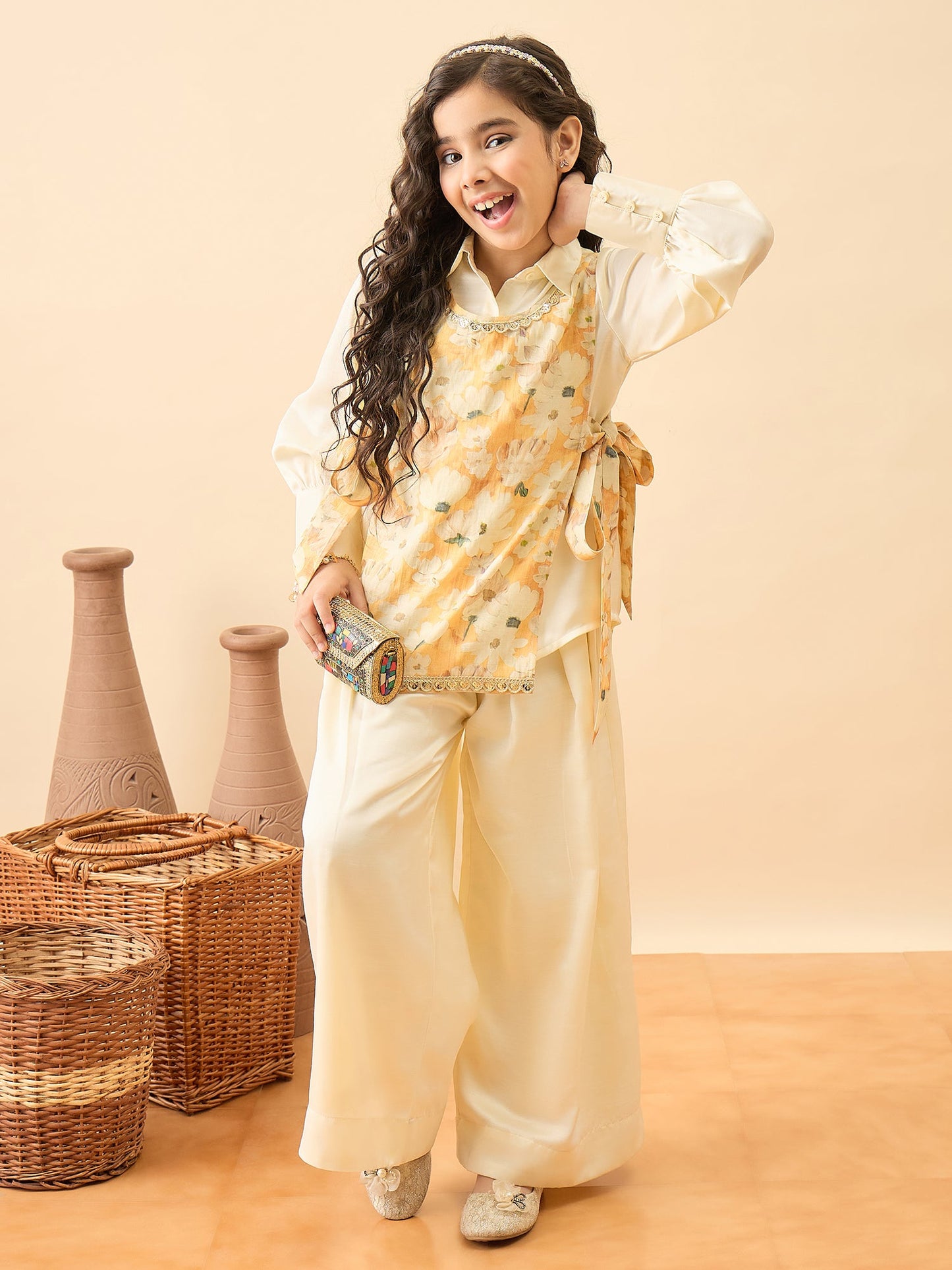 Girls Hip Length Printed Top With Pants - Yellow