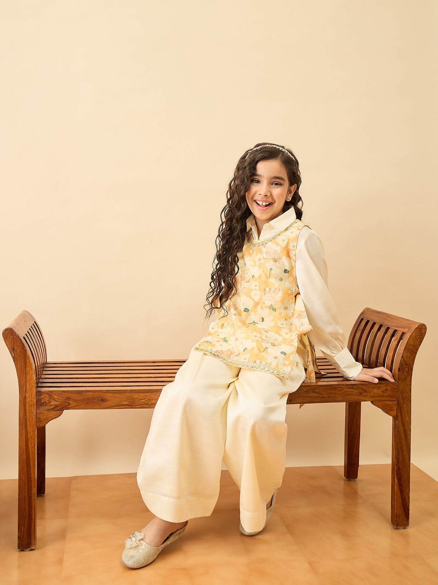 Girls Hip Length Printed Top With Pants - Yellow