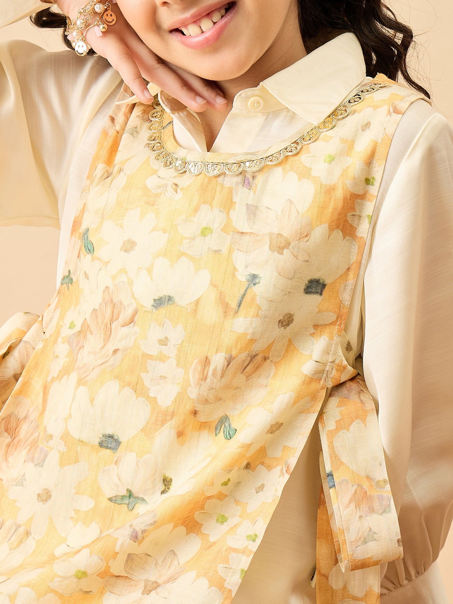 Girls Hip Length Printed Top With Pants - Yellow