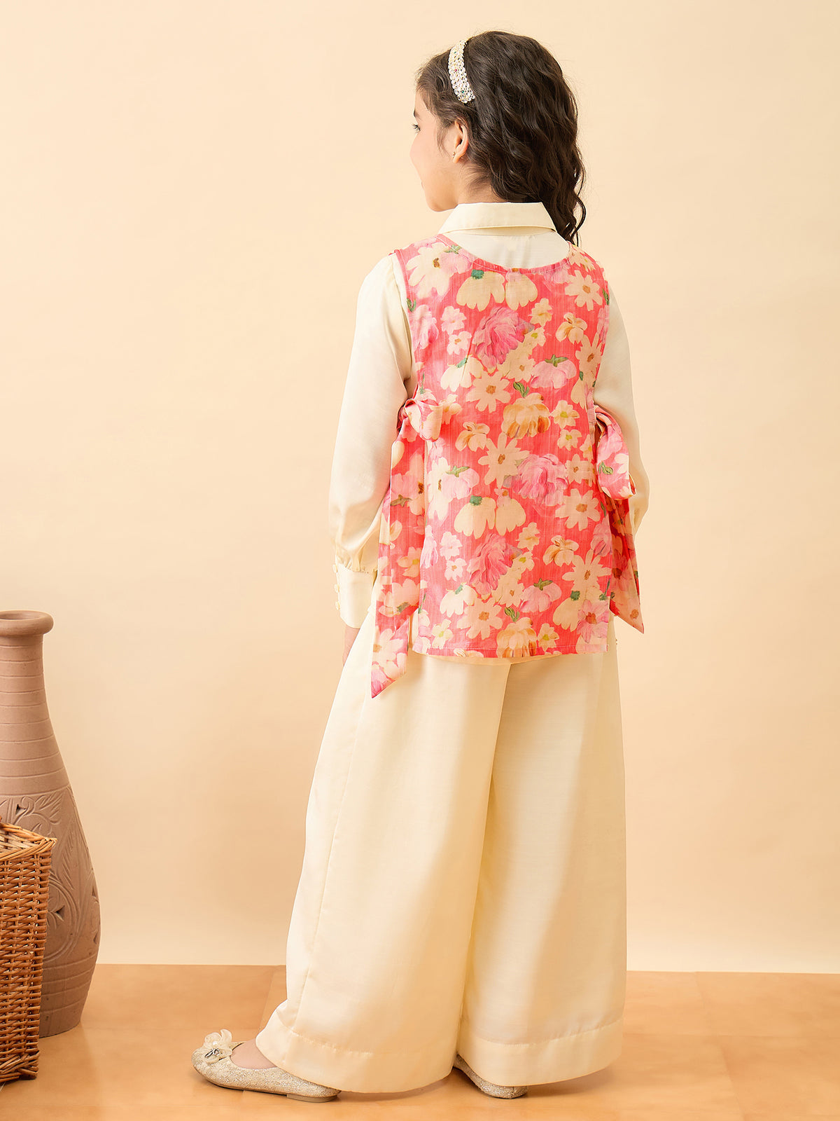 Girls Hip Length Printed Top With Pants - Pink