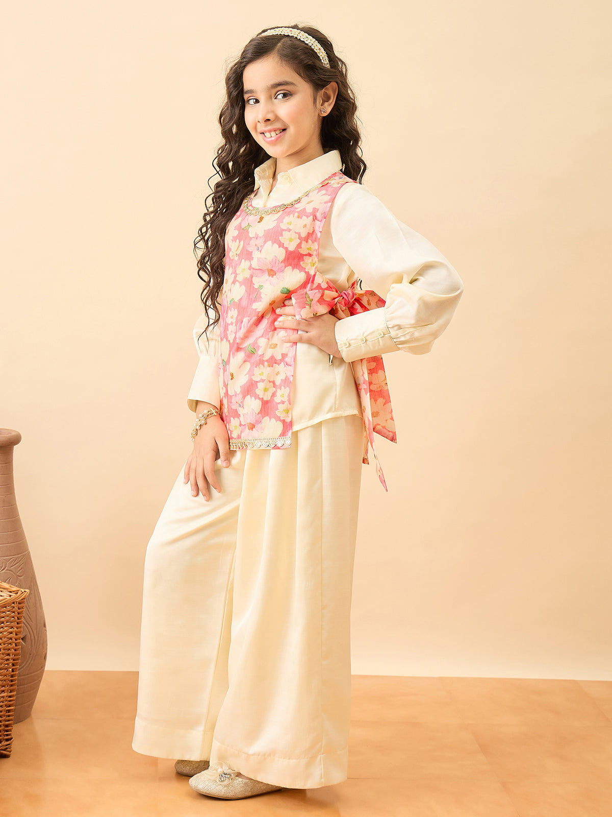 Girls Hip Length Printed Top With Pants - Pink