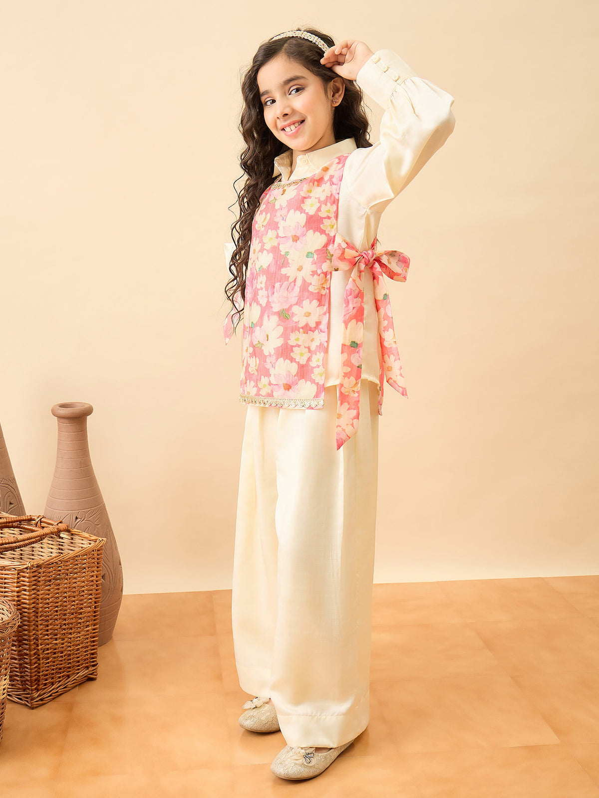 Girls Hip Length Printed Top With Pants - Pink