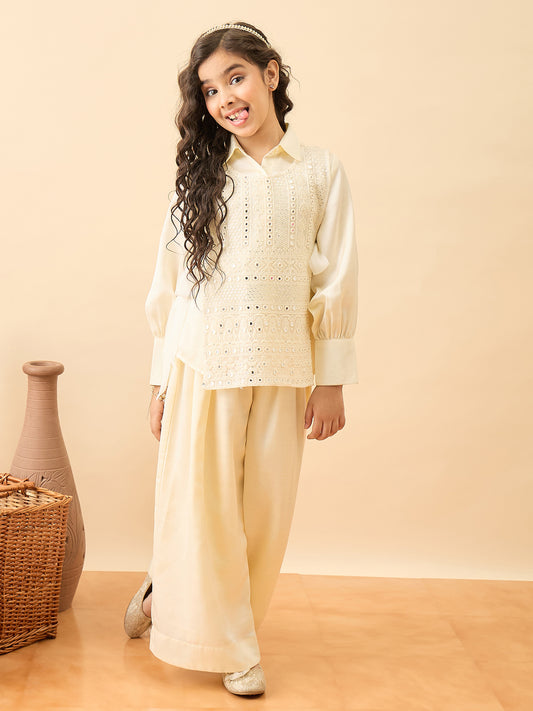 Girls Hip Length Embroidery Top With Pants - Off-White