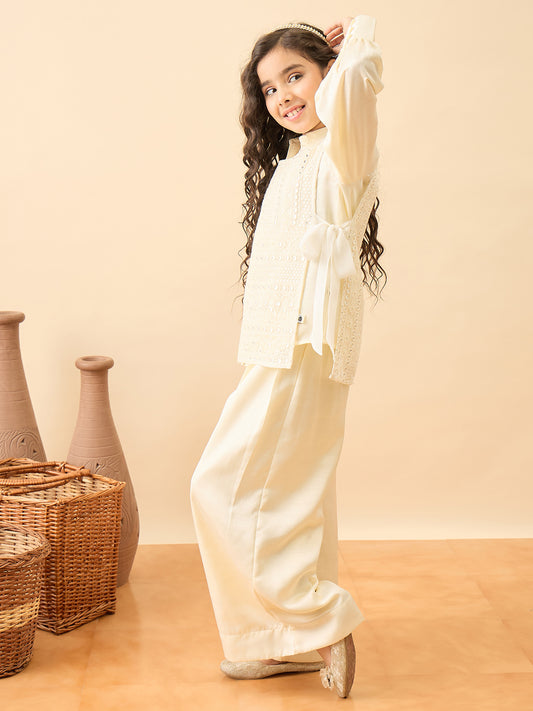 Girls Hip Length Embroidery Top With Pants - Off-White