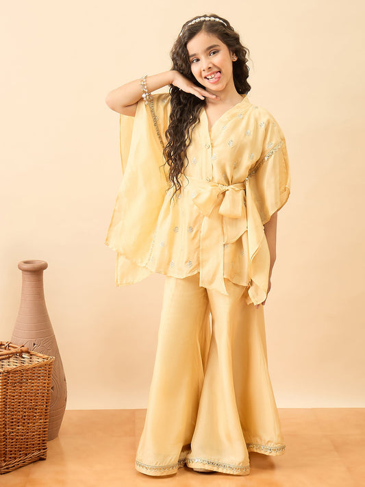 Girls Hip Length Embroidery Kurti Set - Yellow