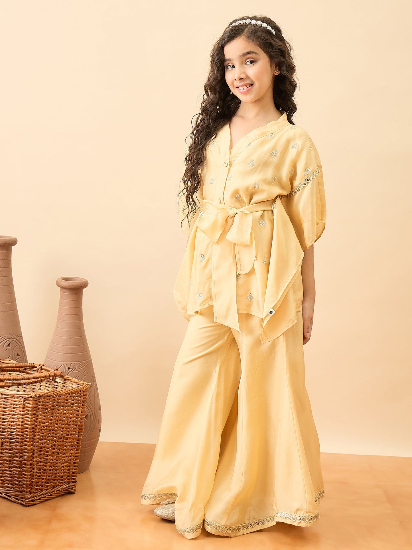 Girls Hip Length Embroidery Kurti Set - Yellow