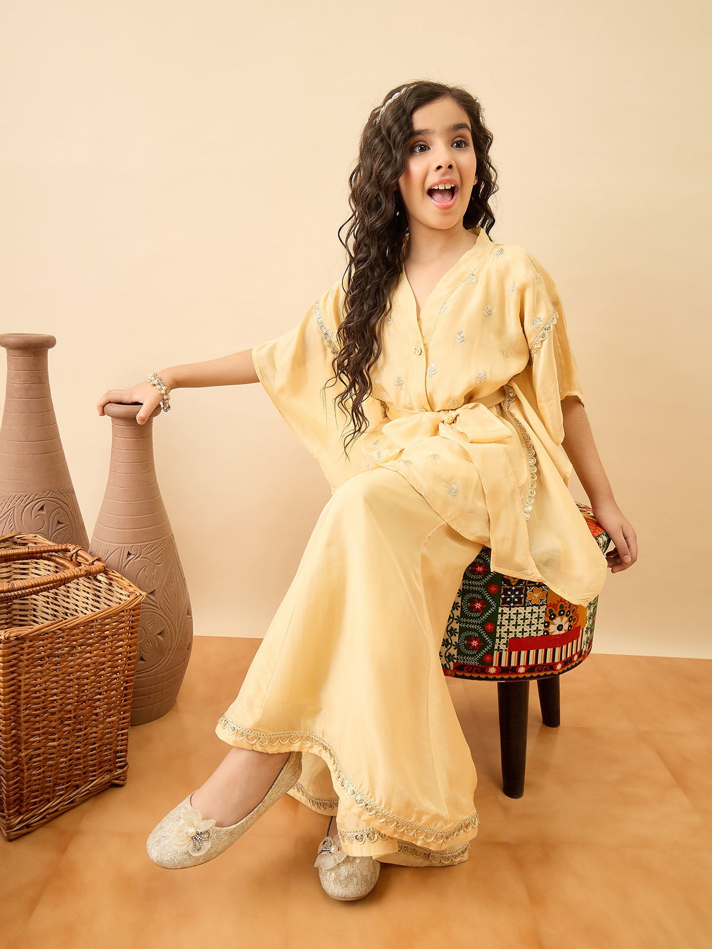 Girls Hip Length Embroidery Kurti Set - Yellow