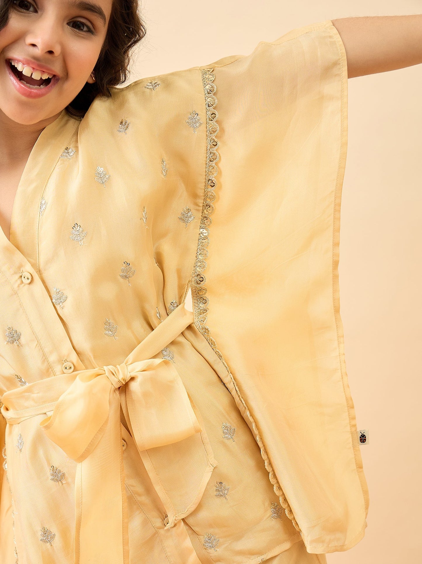 Girls Hip Length Embroidery Kurti Set - Yellow