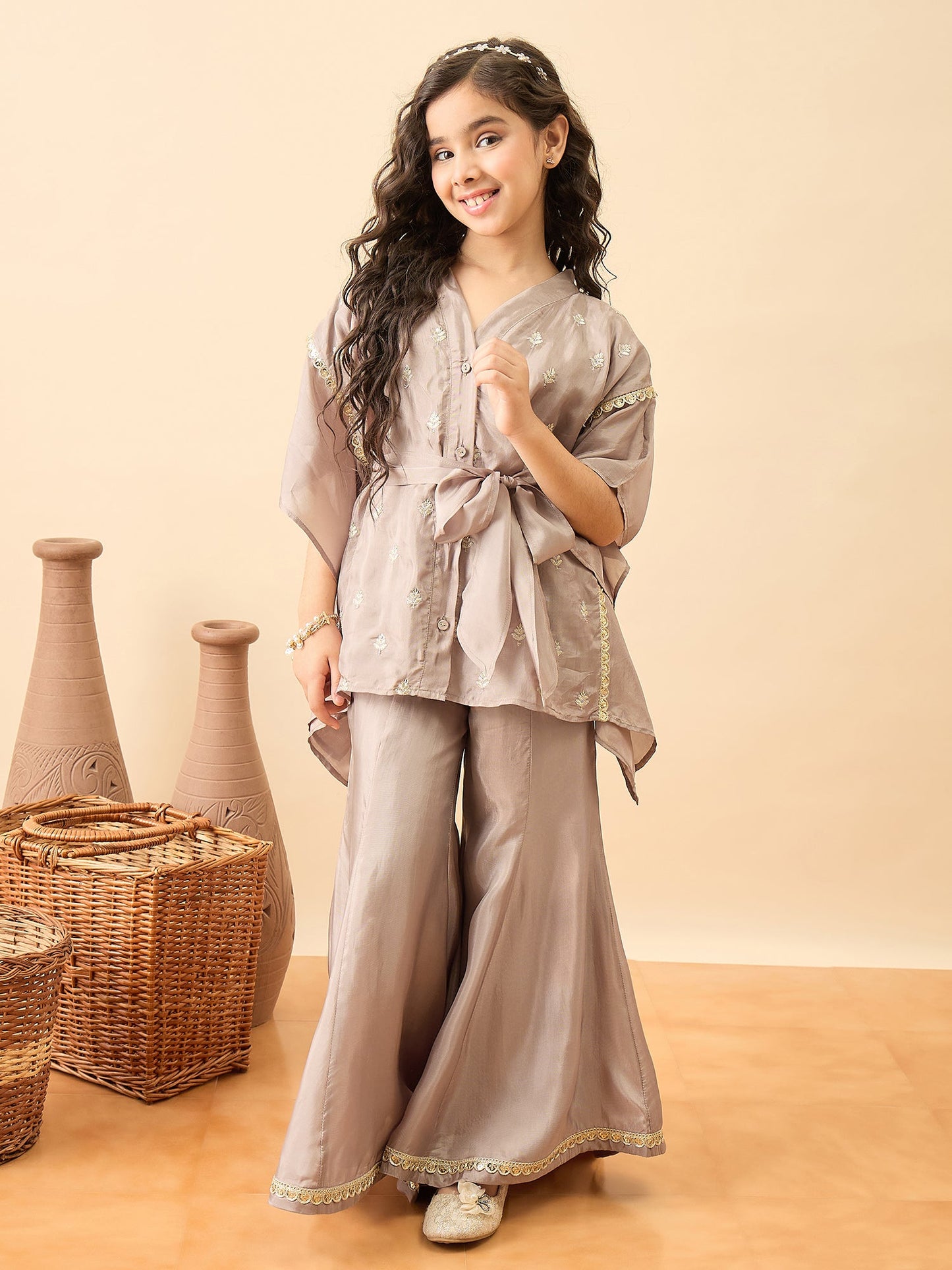 Girls Hip Length Embroidery Kurti Set - Grey