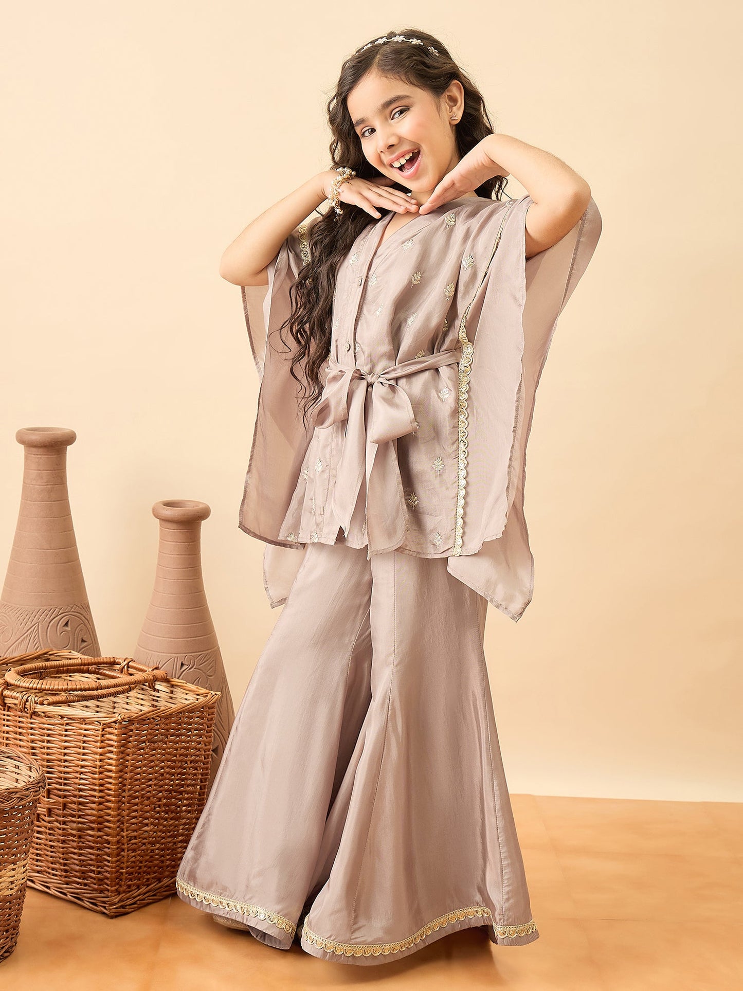 Girls Hip Length Embroidery Kurti Set - Grey