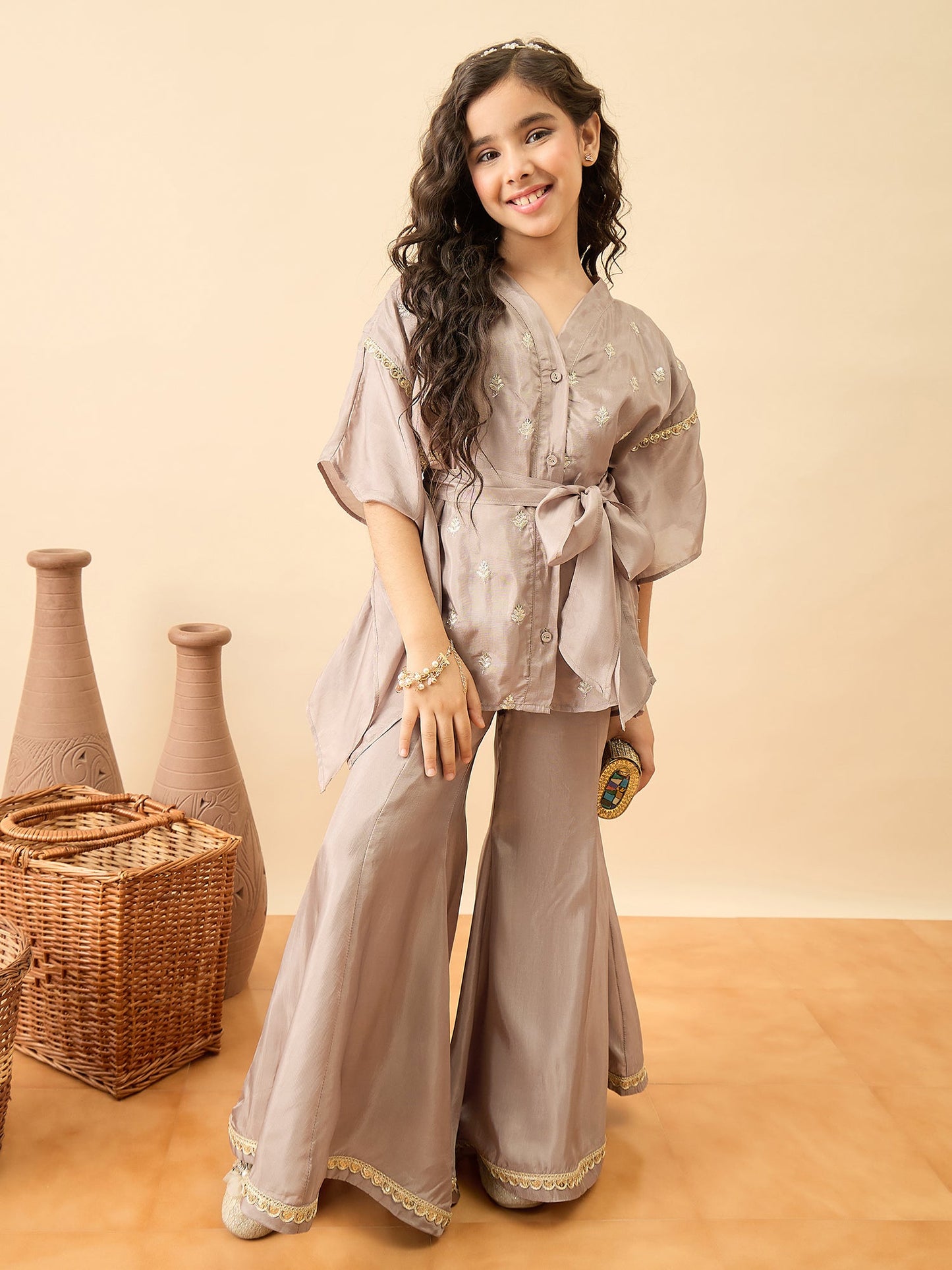 Girls Hip Length Embroidery Kurti Set - Grey