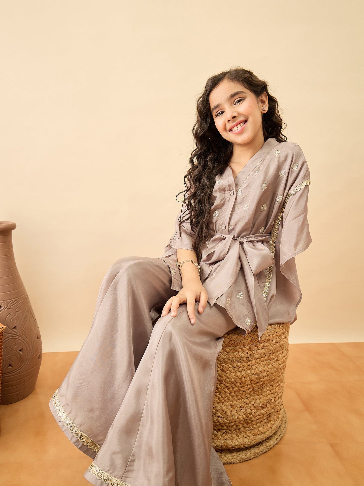Girls Hip Length Embroidery Kurti Set - Grey
