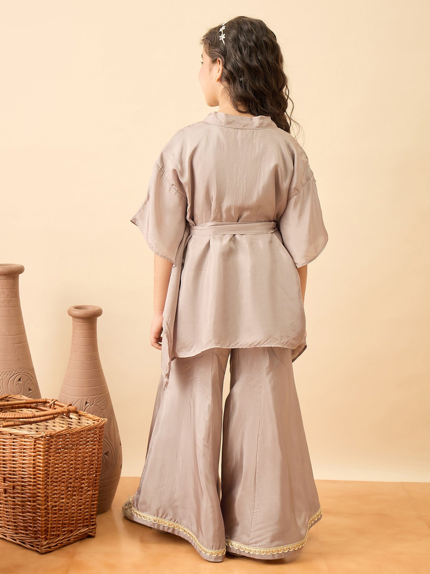 Girls Hip Length Embroidery Kurti Set - Grey