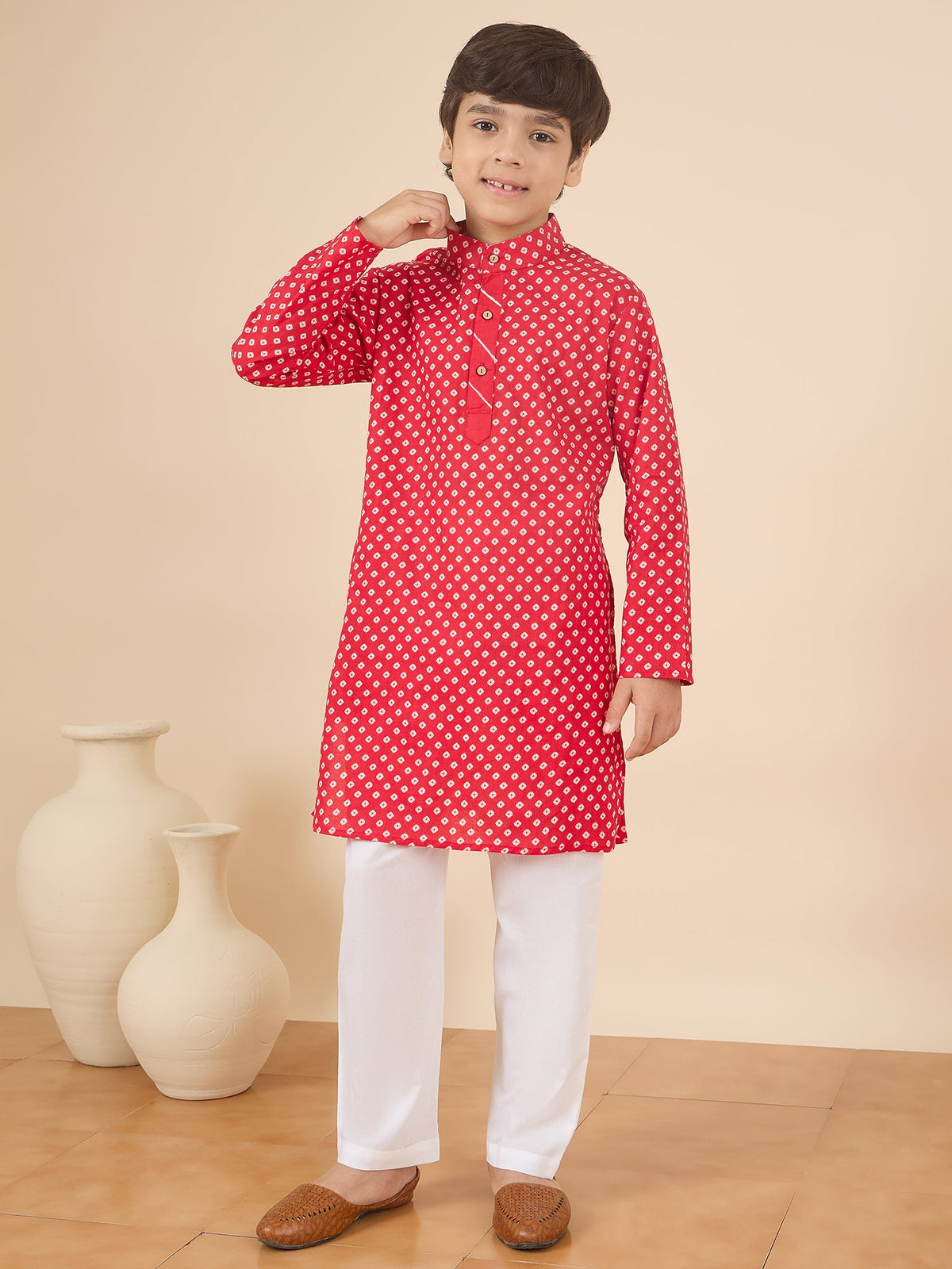 Boys Full Length All over Print Kurta Set - Red