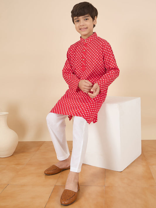 Boys Full Length All over Print Kurta Set - Red