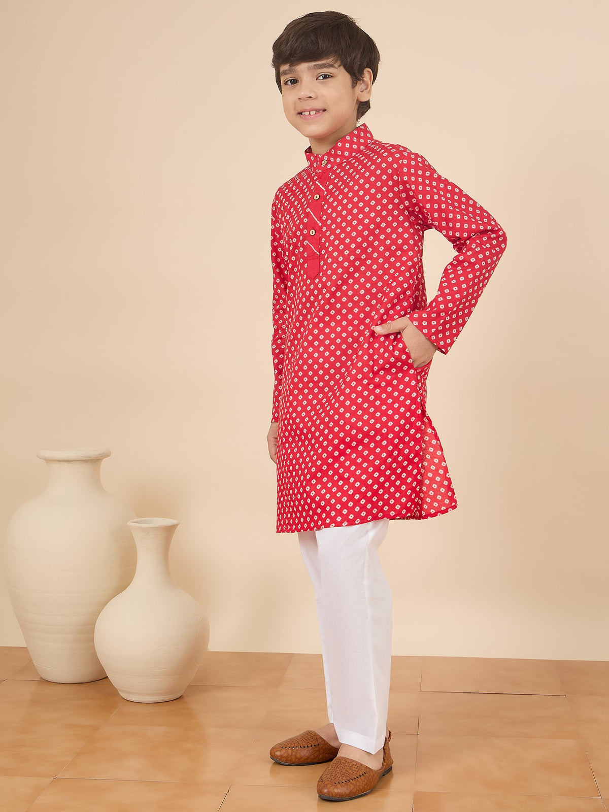 Boys Full Length All over Print Kurta Set - Red